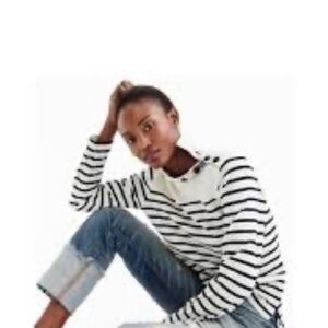 New•J. Crew oversized Nautical Striped Button Mocked Neck Pullover M/L